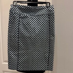Margaret M Black, Light Blue, Dark Grey Piping & White Geometric Pencil Skirt